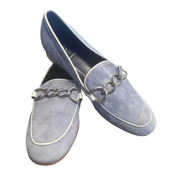 Valentina Rangoni Pale Ocean Blue Suede Silver Chain Detail Slip On Loafer Flats